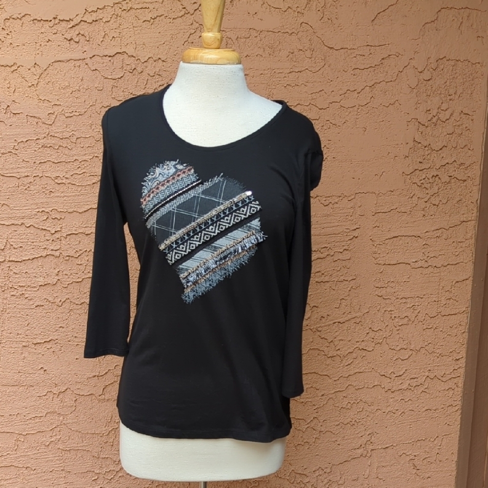 Chico's Black Long-Sleeve Top with Patterned Heart